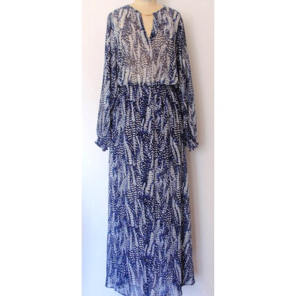 H&M BLUE WHITE LEAF BALLOON SLEEVE MAXI DRESS